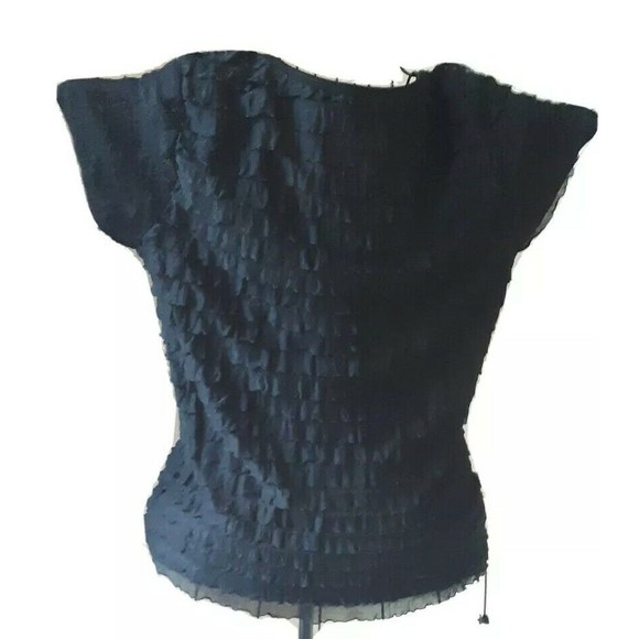 Black Ruffled Layer Top Blouse Size Lg 7 Wonders Crossover Styling Cap Sleeves - Picture 2 of 4